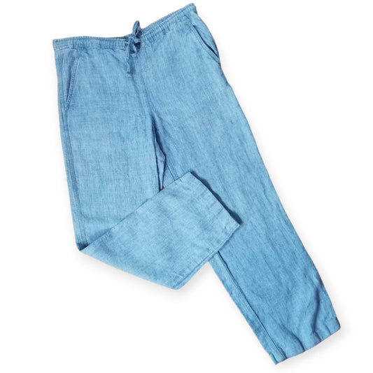 90s Blue Linen Drawstring Pants Petite Small - themallvintage The Mall Vintage