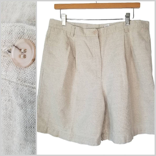 90s Flax Linen/Cotton High Waist Pleated Shorts 16P Waist 34" - themallvintage The Mall Vintage