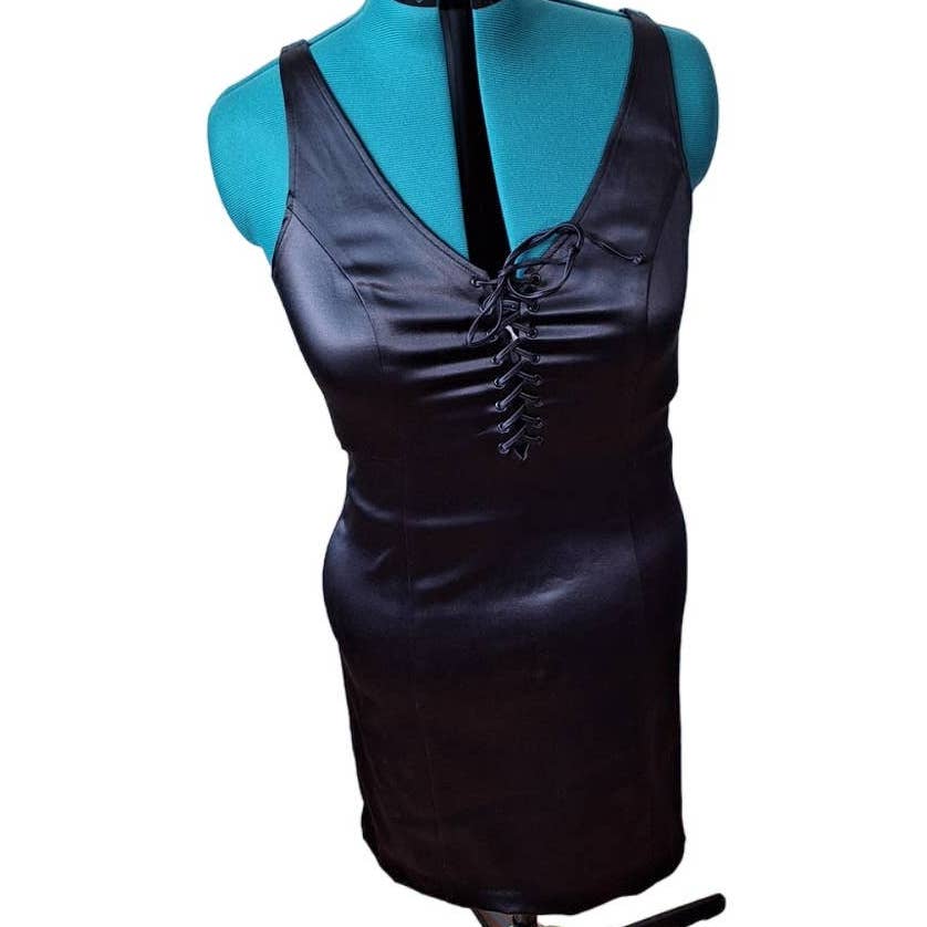 90s Lace Bodice Liquid Satin Stretch Bodycon Mini Dress Size Large - themallvintage The Mall Vintage