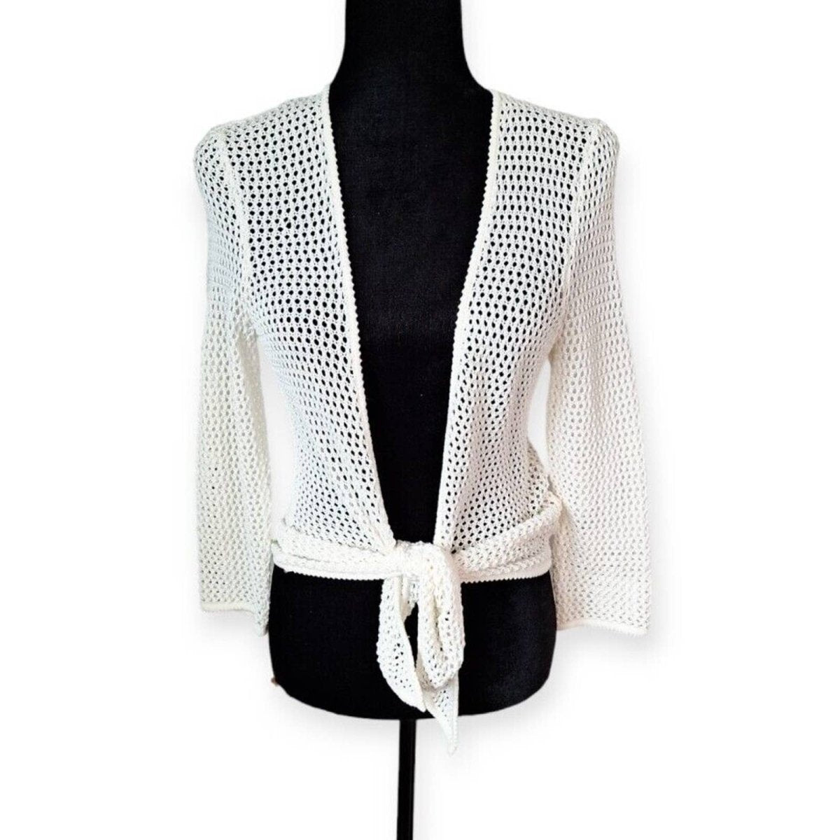 Cream Open Knit Cotton Fishnet Tie Front Cardigan Size Small - themallvintage The Mall Vintage