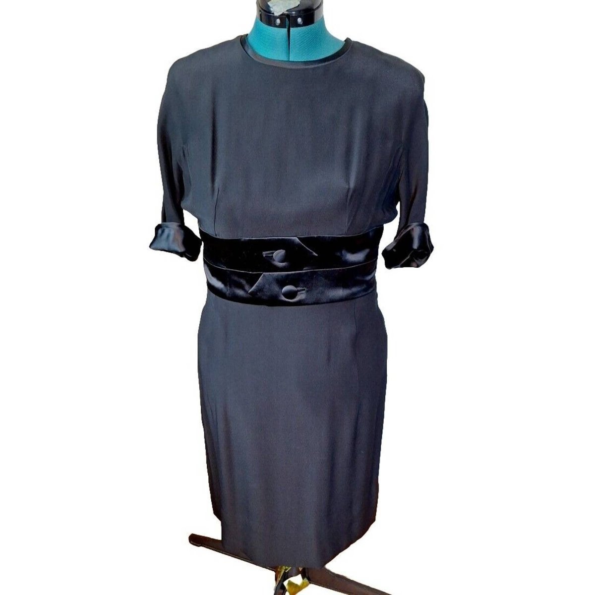 Vintage 60s Black Satin Detail Cocktail Dress Women Size Medium - themallvintage The Mall Vintage