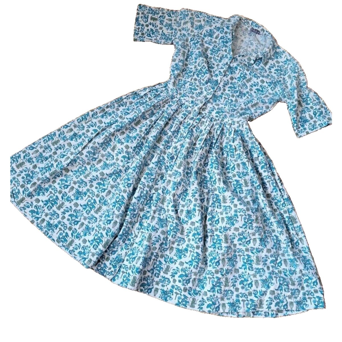 Vintage 60s Blue/Green Cotton Floral Shirtwaist Dress Women Size XS/S - themallvintage The Mall Vintage