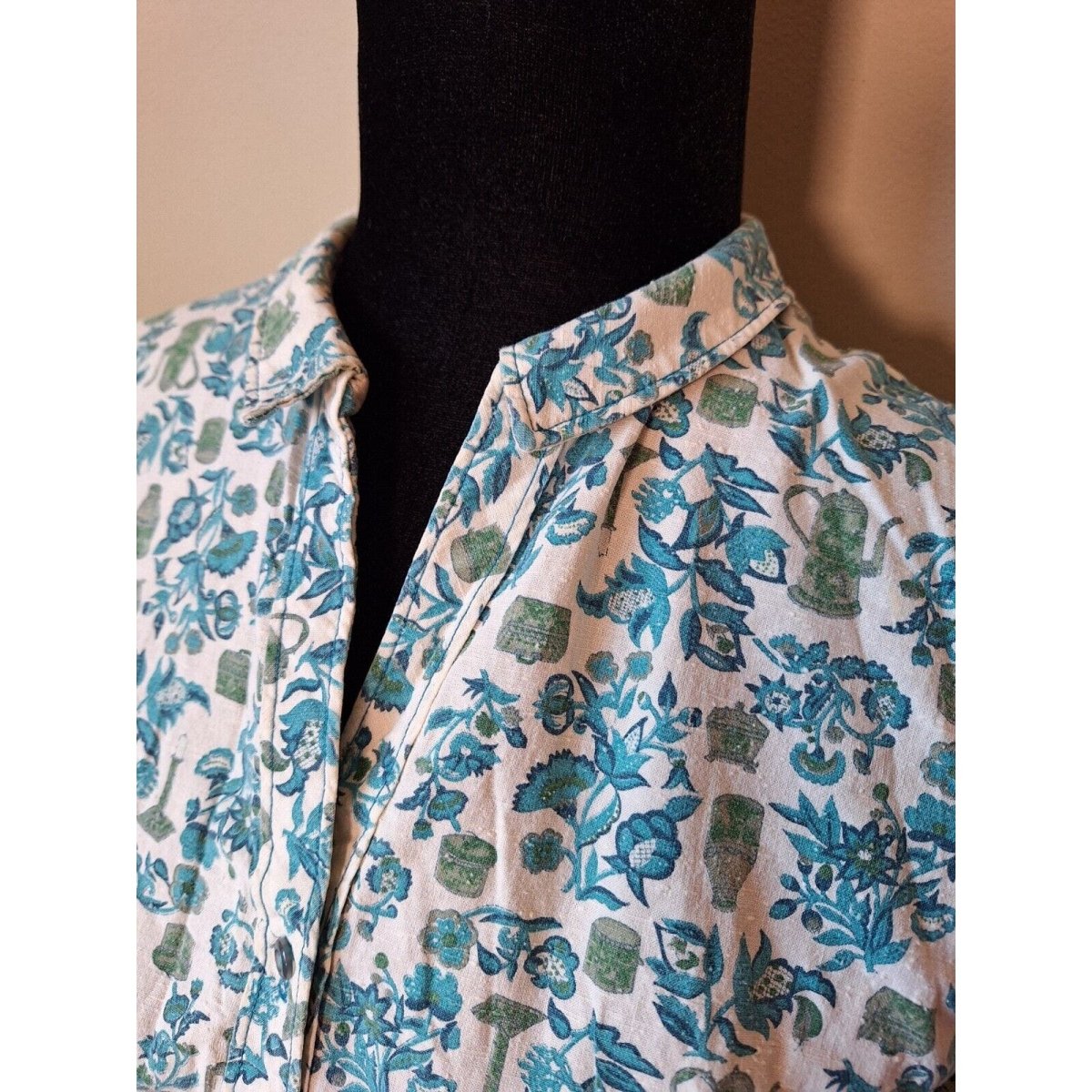 Vintage 60s Blue/Green Cotton Floral Shirtwaist Dress Women Size XS/S - themallvintage The Mall Vintage