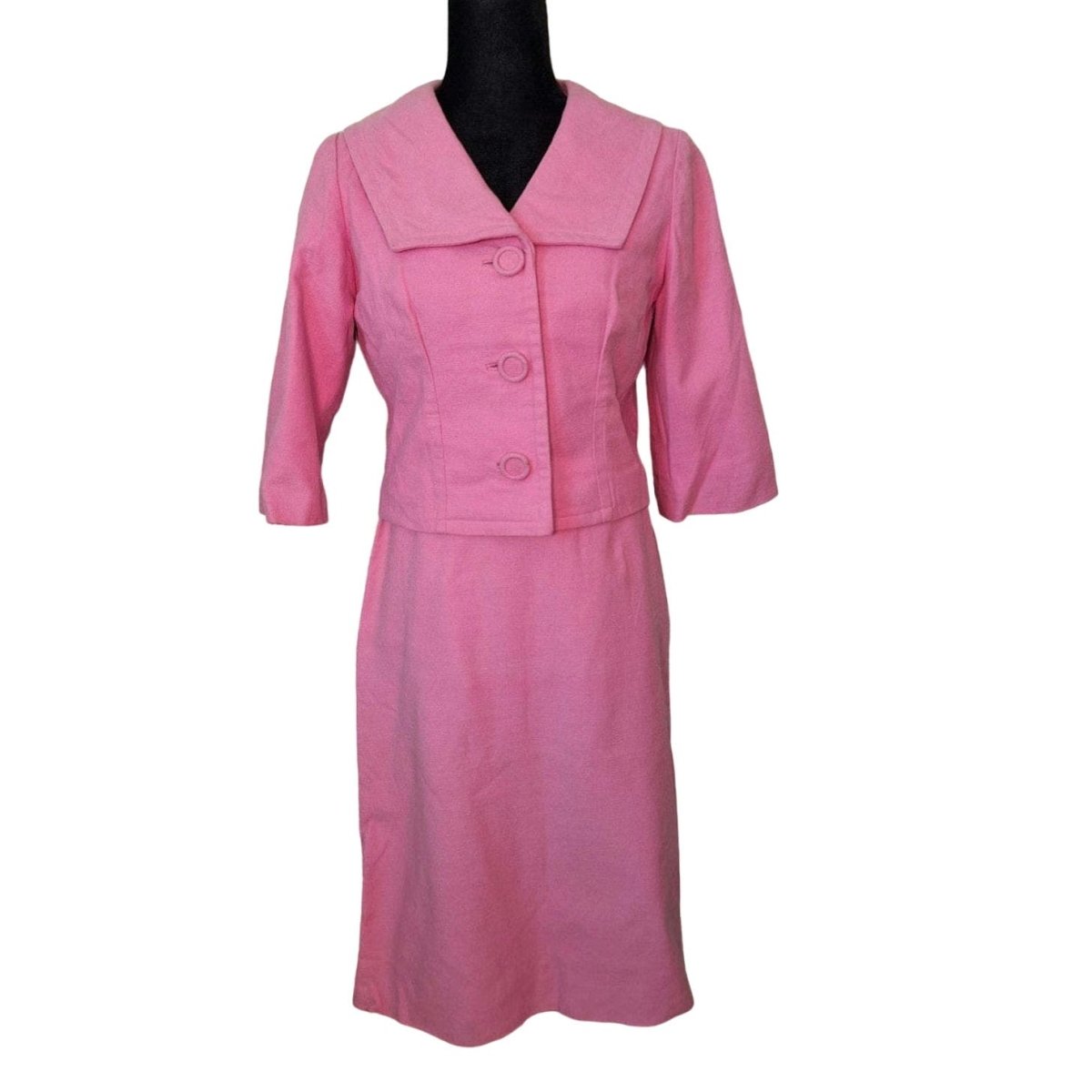 Vintage 60s Bubblegum Pink Skirt Suit Women Size Small Waist 26" - themallvintage The Mall Vintage