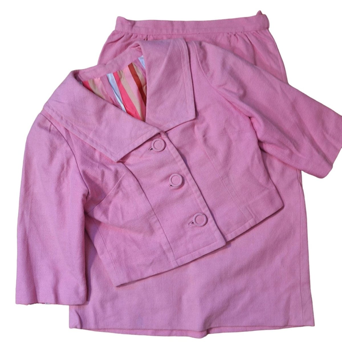 Vintage 60s Bubblegum Pink Skirt Suit Women Size Small Waist 26" - themallvintage The Mall Vintage