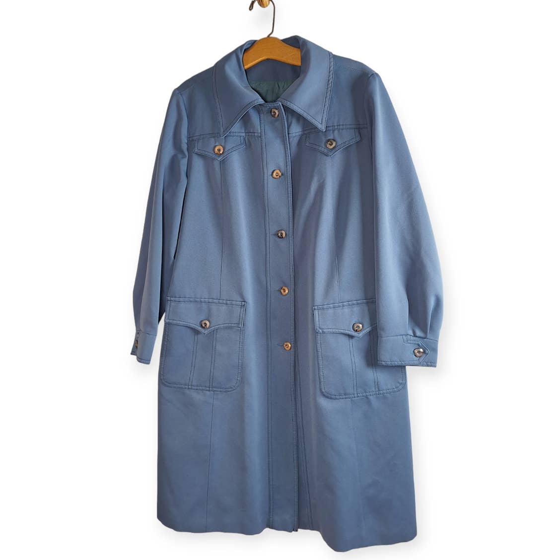 Vintage 70s Blue Polyester Trench Coat Women's Size Large 13/14 - themallvintage The Mall Vintage