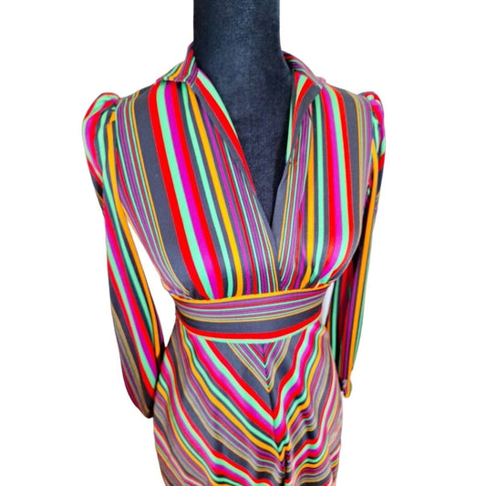 Vintage 70s Candy Chevron Stripe Puff Sleeve Mini Dress Women Size XS AS IS - themallvintage The Mall Vintage