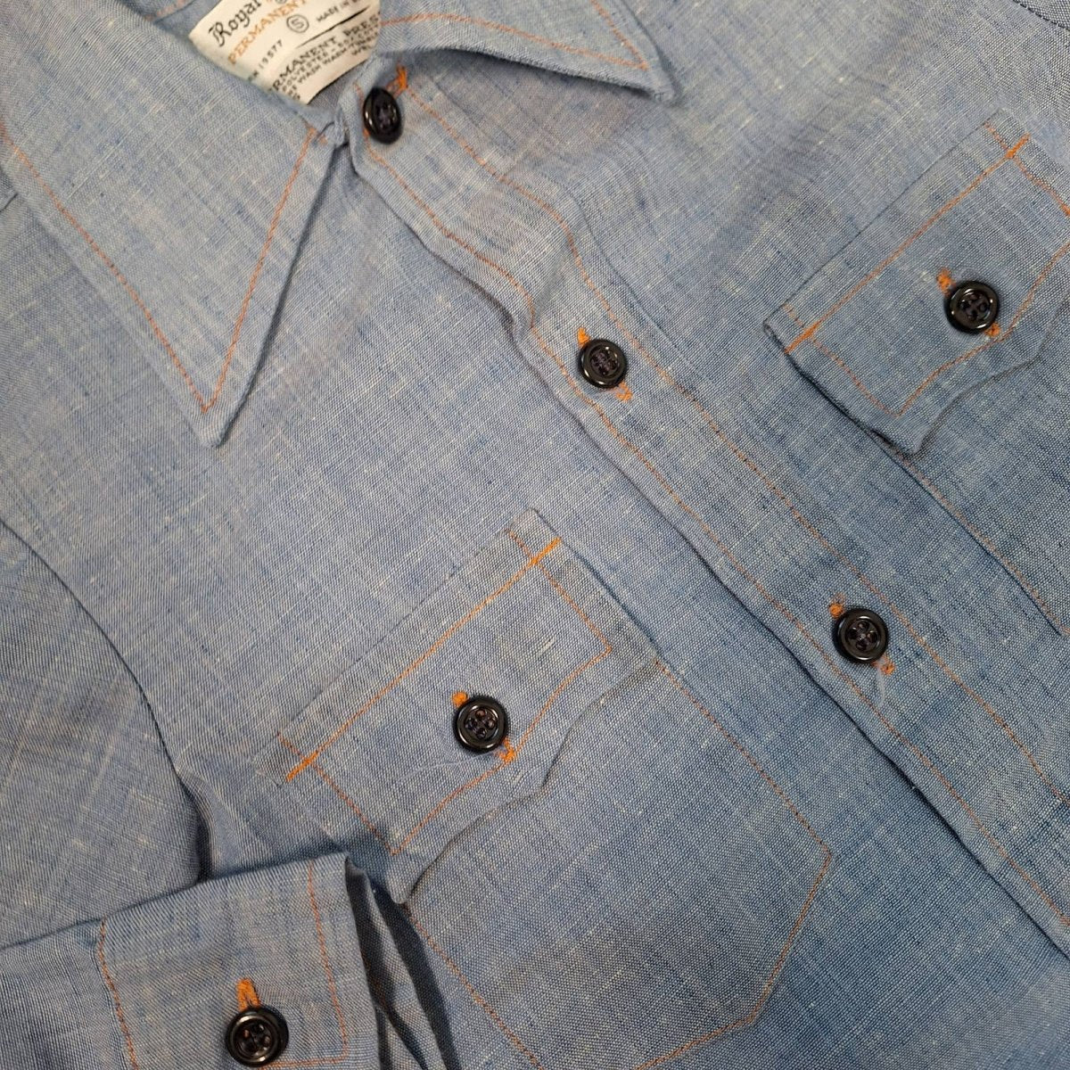 Vintage 70s Kids Blue Button Up Shirt Boys Size 5 - themallvintage The Mall Vintage