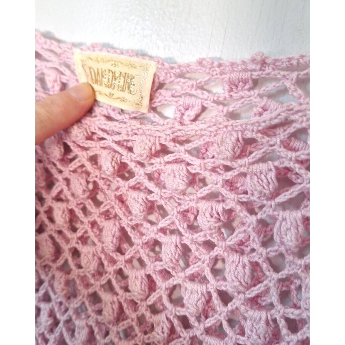 Vintage 70s Pink Lilac Open Knit Crochet Flutter Sleeve Top Women Size Small - themallvintage The Mall Vintage