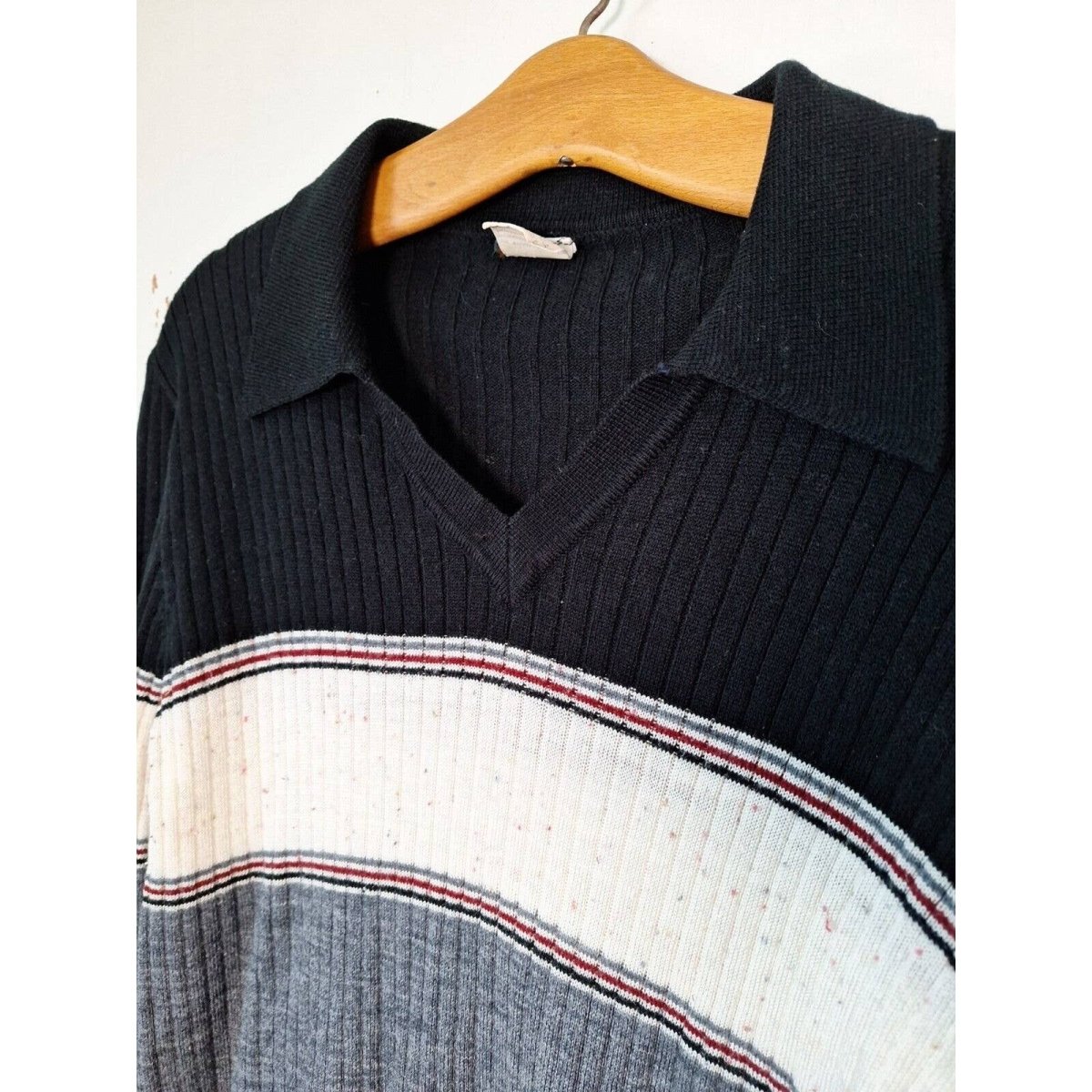 Vintage 70s Striped Ribbed Knit Collared Sweater Size Women Medium - themallvintage The Mall Vintage