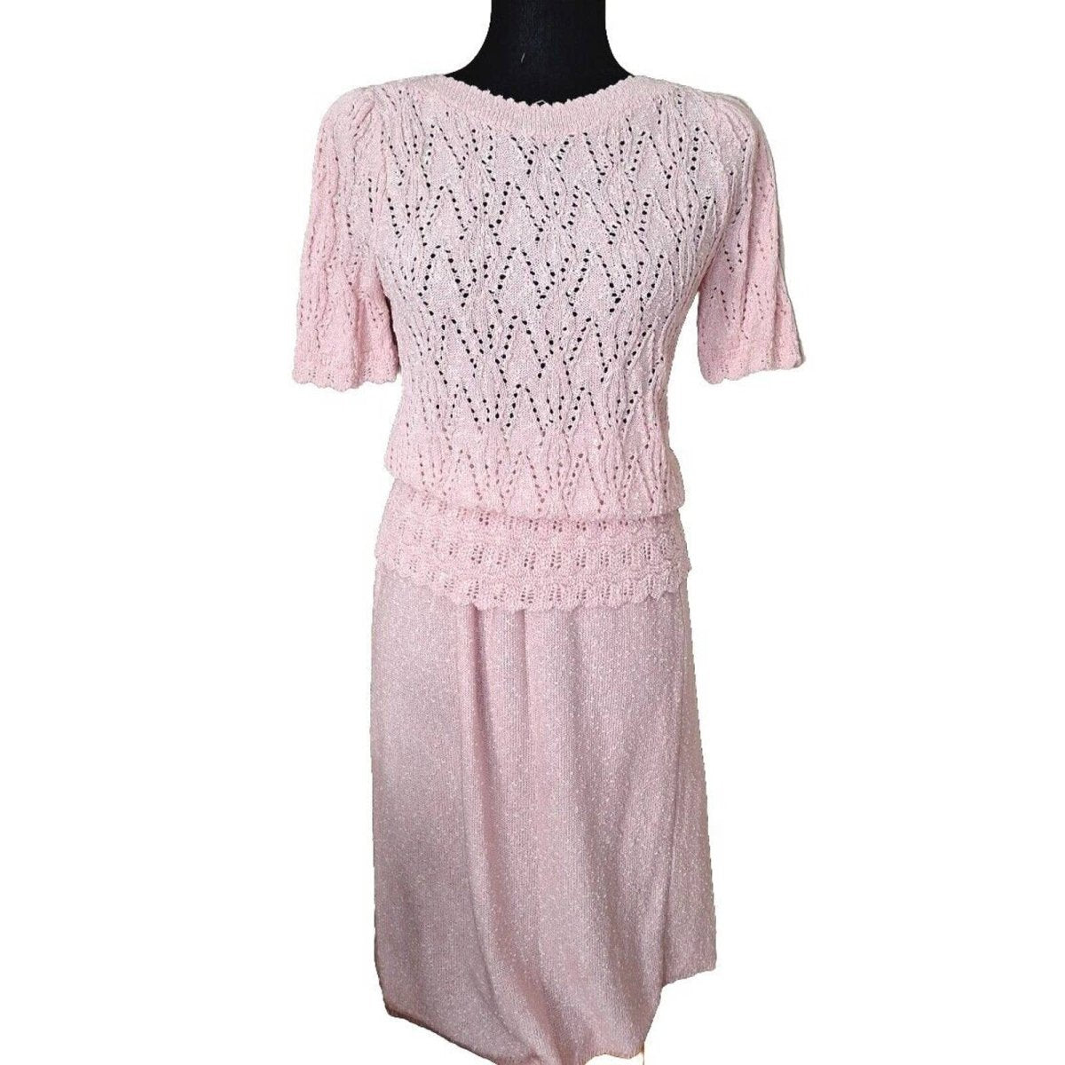 Vintage 70s/80s Pastel Pink Knit Skirt Set Women Size S/M Petite - themallvintage The Mall Vintage