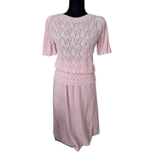 Vintage 70s/80s Pastel Pink Knit Skirt Set Women Size S/M Petite - themallvintage The Mall Vintage