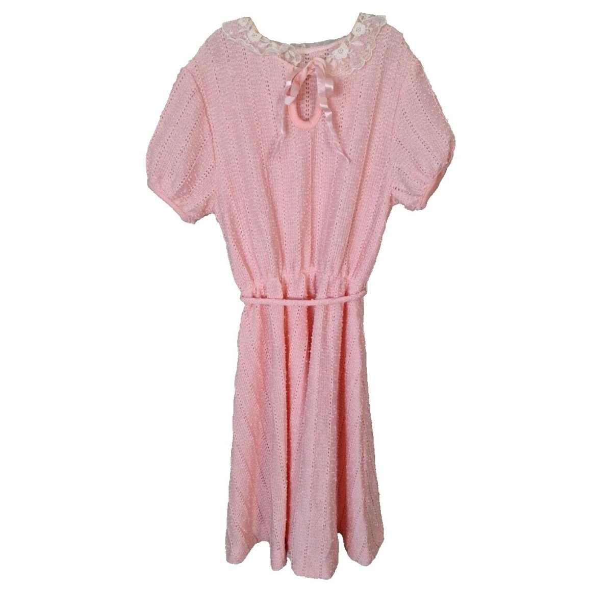 Vintage 70s/80s Pink Knit Lace Collar Dress Girls Size 6/8 Please Check Measurements - themallvintage The Mall Vintage