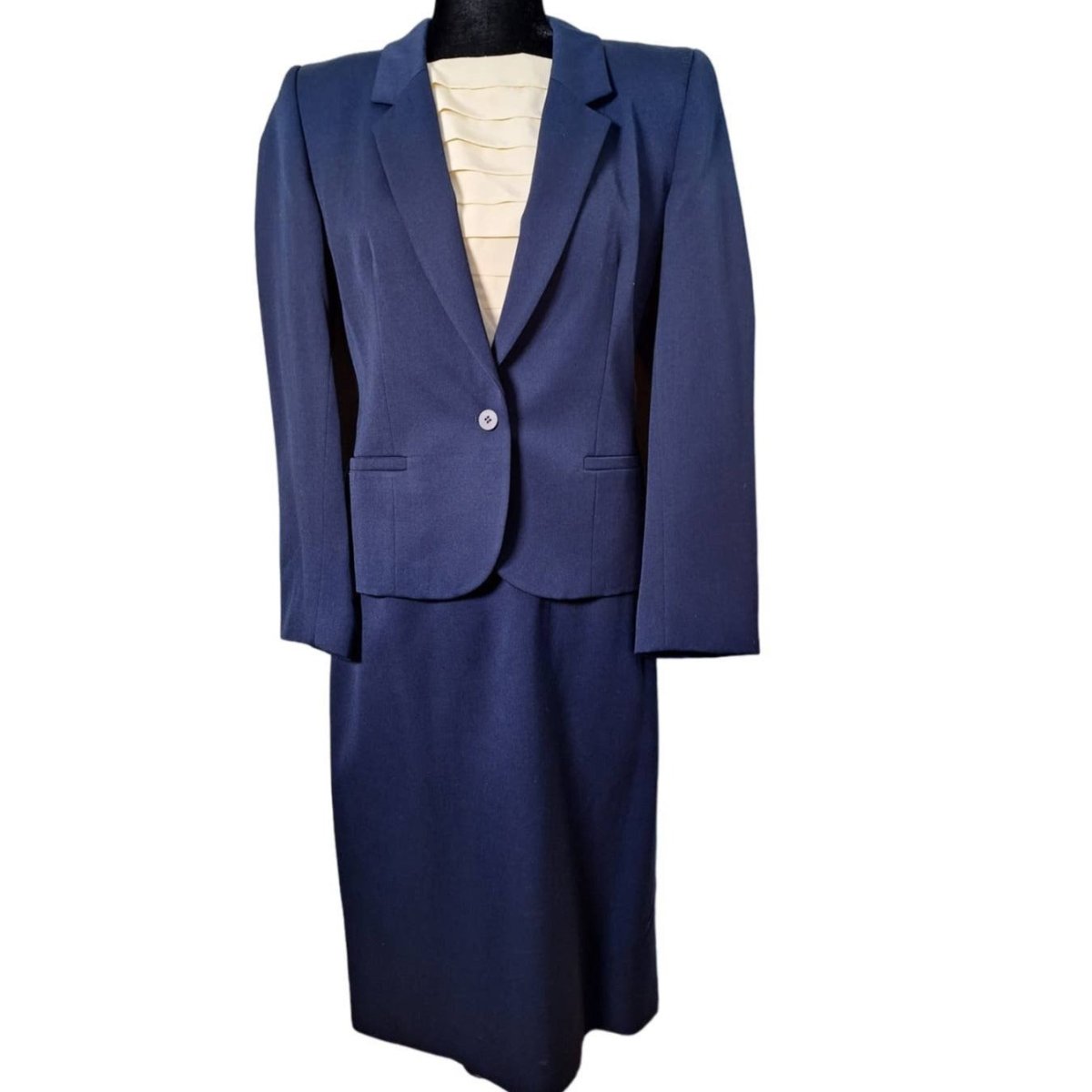 Vintage 80s All Wool Dark Blue Skirt Suit Women's Size Small 4 - themallvintage The Mall Vintage