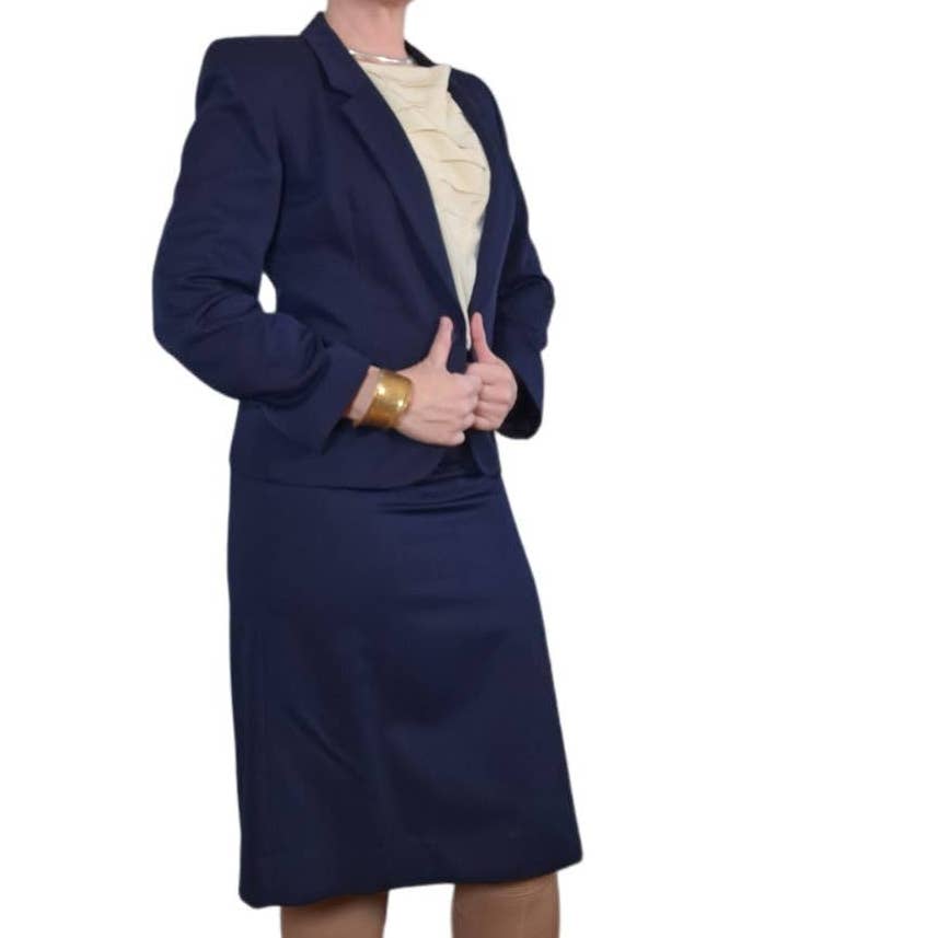 Vintage 80s All Wool Dark Blue Skirt Suit Women's Size Small 4 - themallvintage The Mall Vintage