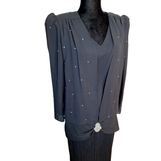 Vintage 80s Black Drop Waist Rhinestone Semi Sheer Disco Dress Women Size S/M - themallvintage The Mall Vintage