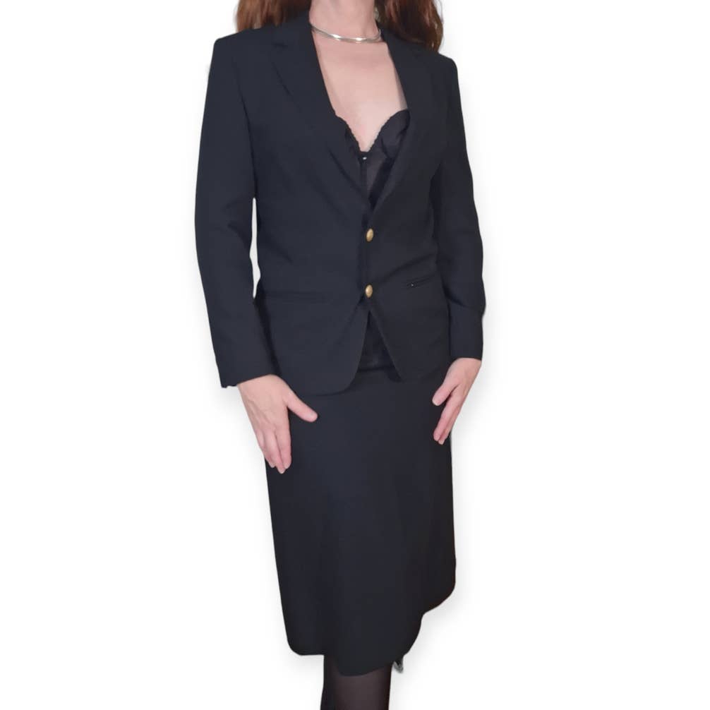 Vintage 80s Black Wool Gold Button Tailored Skirt Suit Size 6 - themallvintage The Mall Vintage