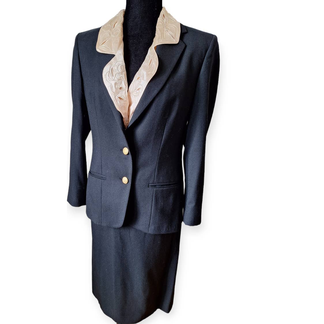 Vintage 80s Black Wool Gold Button Tailored Skirt Suit Size 6 - themallvintage The Mall Vintage