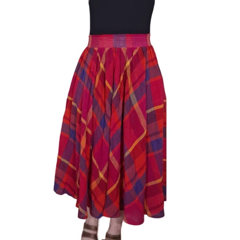 Vintage 80s Cotton Gauze Plaid Midi Skirt Women's Size Small Waist 26" - themallvintage The Mall Vintage