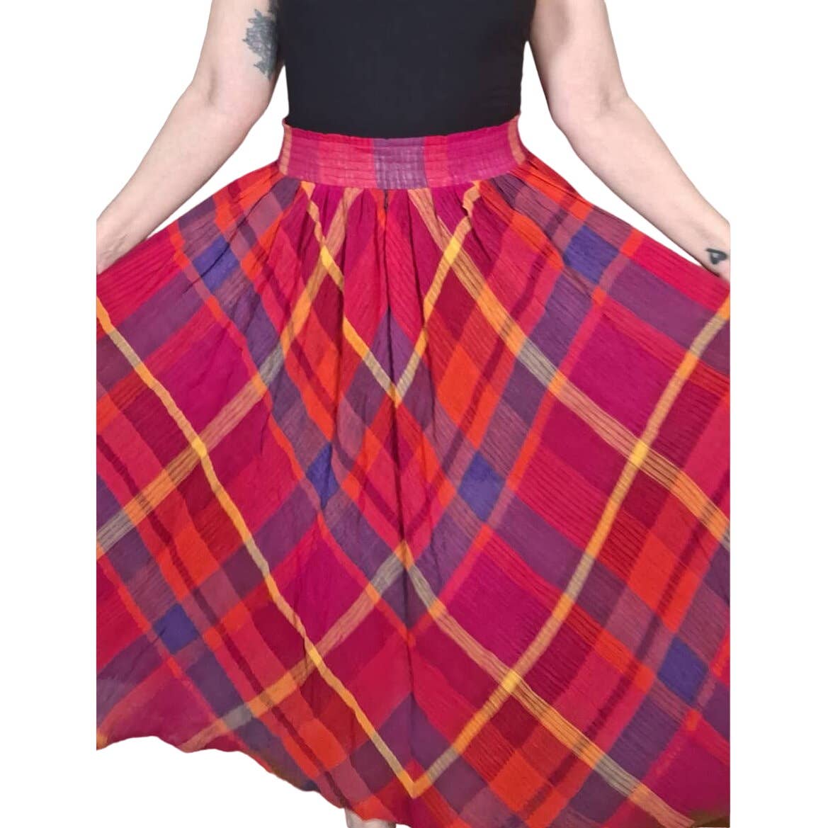 Vintage 80s Cotton Gauze Plaid Midi Skirt Women's Size Small Waist 26" - themallvintage The Mall Vintage