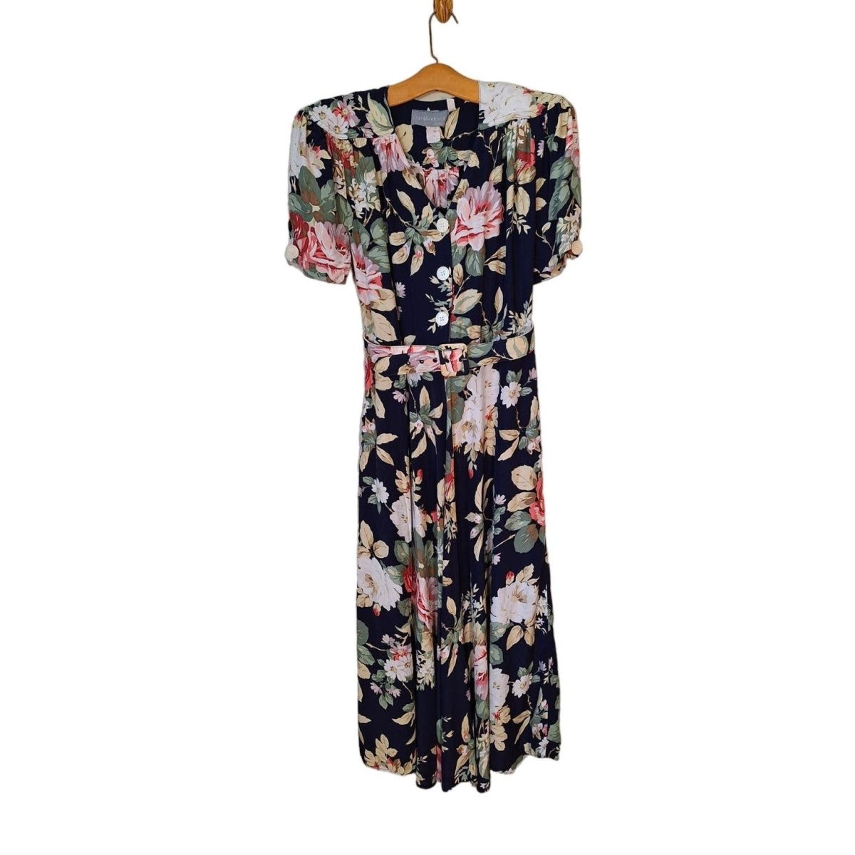 Vintage 80s does 40s Navy Floral Rayon Dress Women Size Medium - themallvintage The Mall Vintage