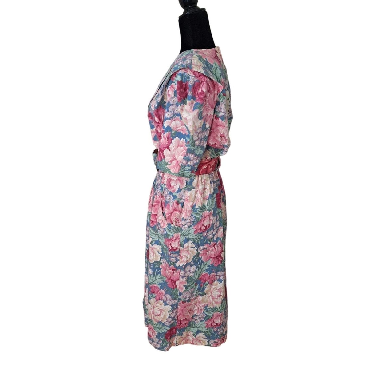 Vintage 80s Floral Cotton Midi Day Dress w/belt Women Size Medium - themallvintage The Mall Vintage