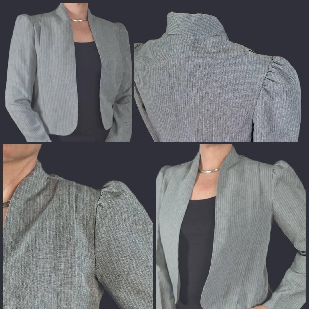 Vintage 80s Gray Pinstripe Puff Sleeve Cropped Jacket Women's Small 5/6 - themallvintage The Mall Vintage