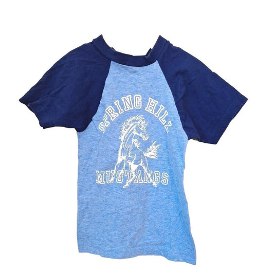 Vintage 80s Kids Single Stitch Blue Raglan Tee with Mustang Graphic Youth Size Small - themallvintage The Mall Vintage 1980s Kids T-shirt