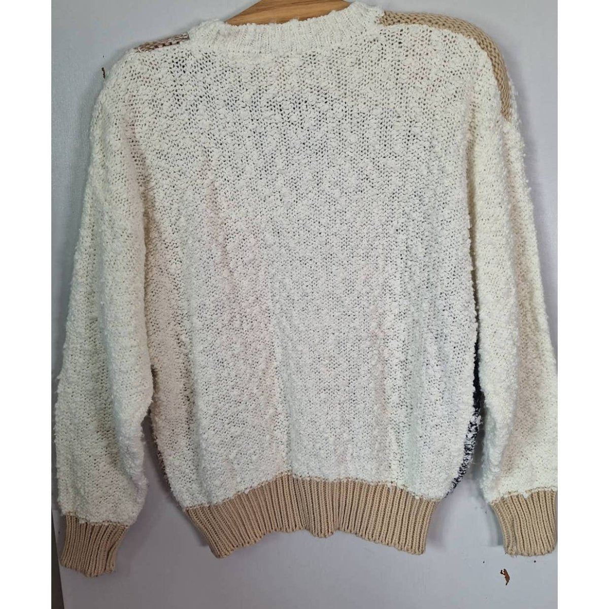 Vintage 80s Knit Patchwork Neutral Tone Sweater Size Medium - themallvintage The Mall Vintage