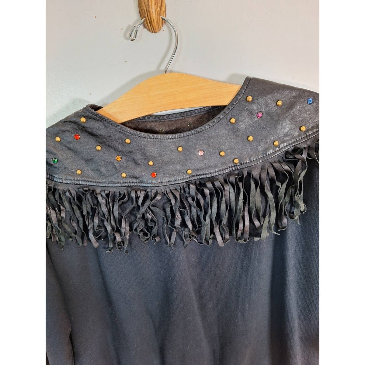 Vintage 80s Leather Fringe Trim Sweatshirt w/ Rhinestone Detail Women's Size S/M - themallvintage The Mall Vintage