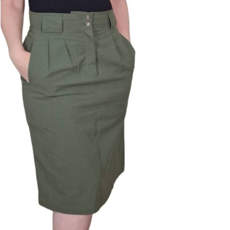 Vintage 80s Olive Green Cotton High Waist Straight Skirt Women's Size M Waist 30" - themallvintage The Mall Vintage