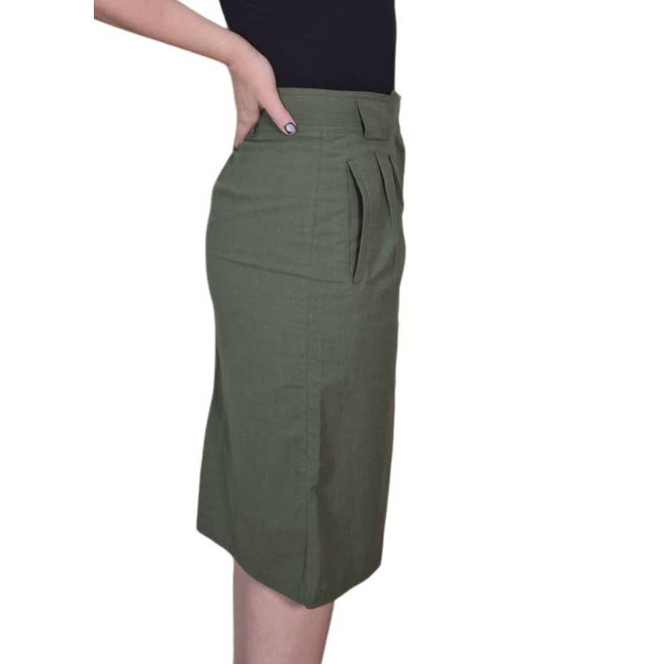 Vintage 80s Olive Green Cotton High Waist Straight Skirt Women's Size M Waist 30" - themallvintage The Mall Vintage