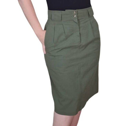 Vintage 80s Olive Green Cotton High Waist Straight Skirt Women's Size M Waist 30" - themallvintage The Mall Vintage 1980s Capsule Fall Capsule