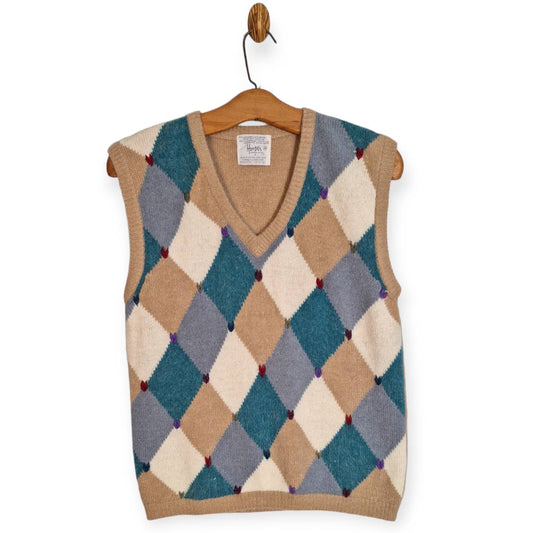 Vintage 80s Pastel Lambswool Angora Heart Argyle Sweater Vest Size Medium - themallvintage The Mall Vintage