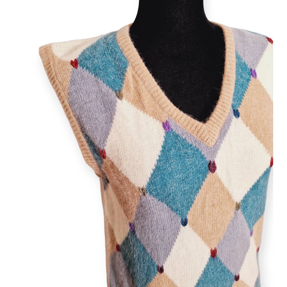 Vintage 80s Pastel Lambswool Angora Heart Argyle Sweater Vest Size Medium - themallvintage The Mall Vintage