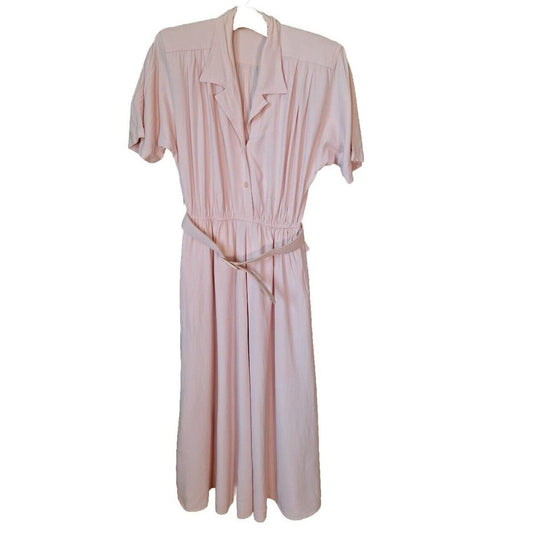 Vintage 80s Pastel Pink Midi Shirt Dress Women Size 8 Medium - themallvintage The Mall Vintage