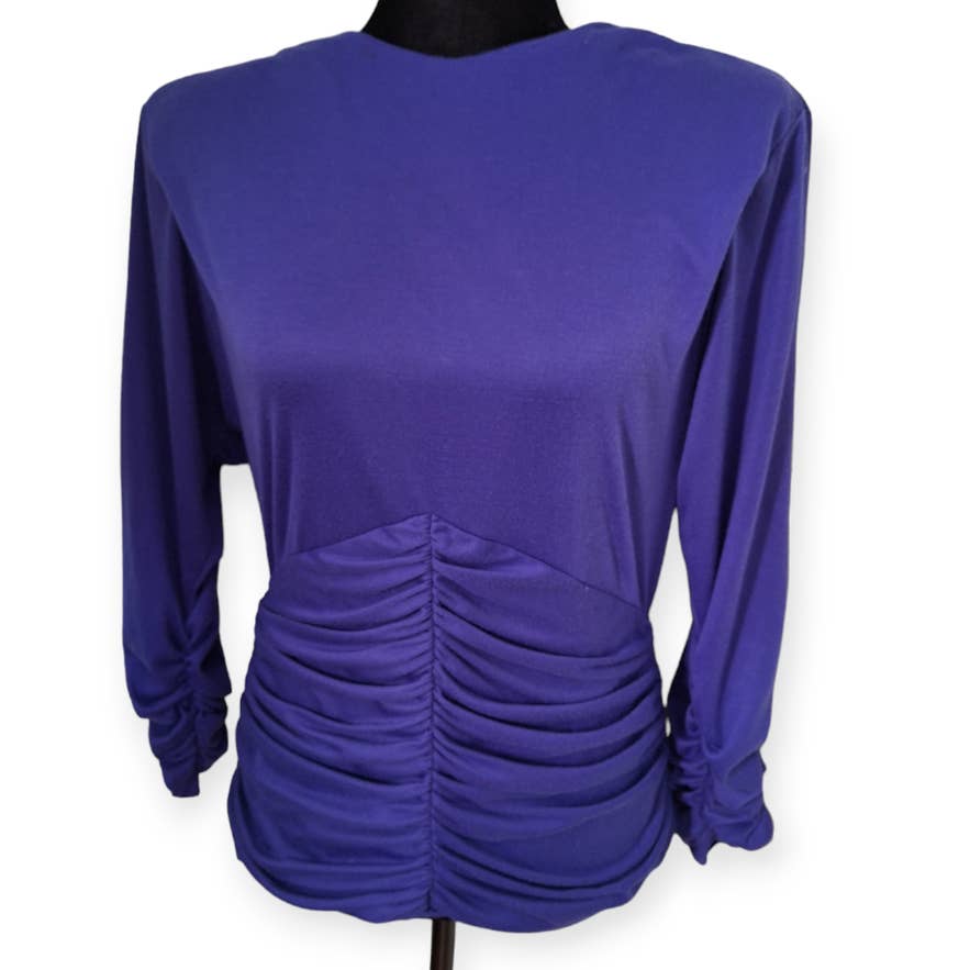 Vintage 80s Purple Dolman Sleeve Ruched Blouse Women's Size L 13/14 - themallvintage The Mall Vintage