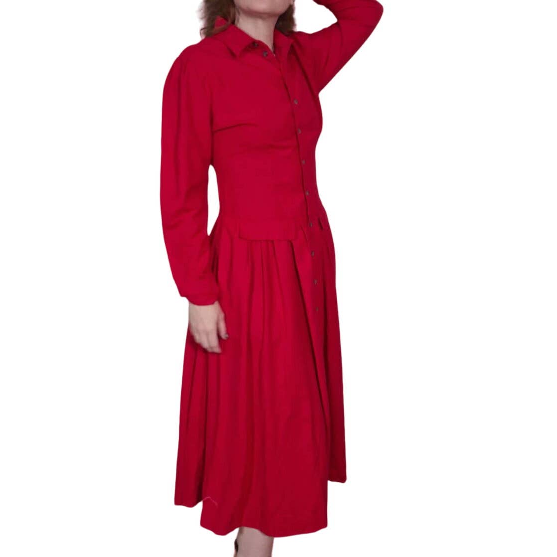 Vintage 80s Red Raw Silk Drop Waist Midi Shirt Dress Women's Size 6 Medium - themallvintage The Mall Vintage