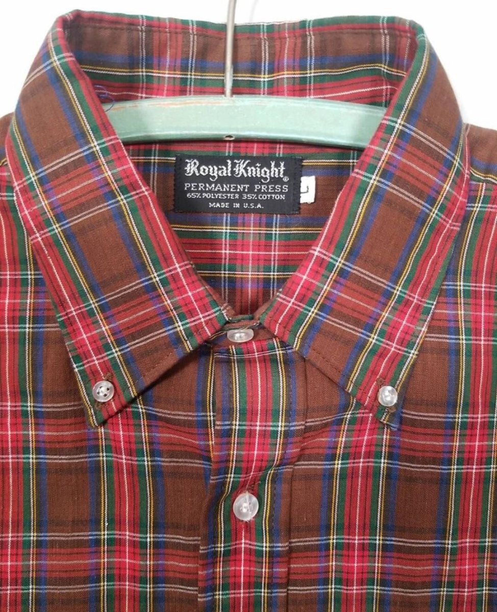 Vintage 80s Royal Knight Thin Plaid Button Down Shirt Large - themallvintage The Mall Vintage