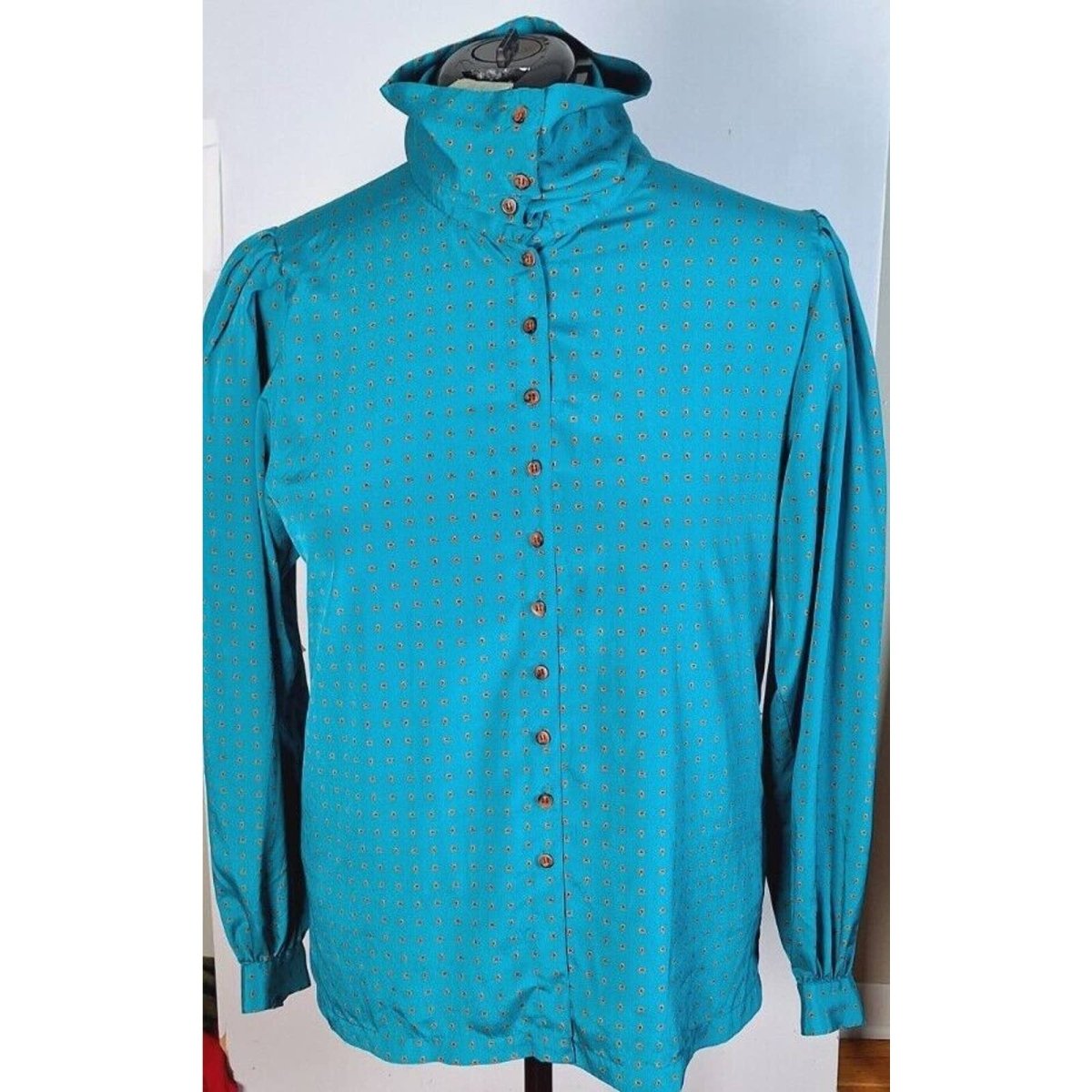 Vintage 80s Teal High Neck Balloon Sleeve Blouse Women's Size 14 L/XL - themallvintage The Mall Vintage