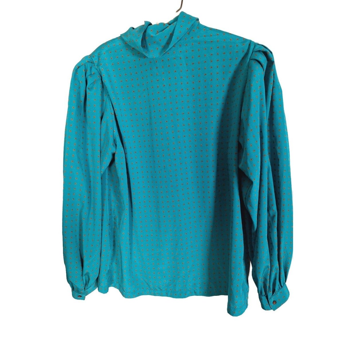 Vintage 80s Teal High Neck Balloon Sleeve Blouse Women's Size 14 L/XL - themallvintage The Mall Vintage