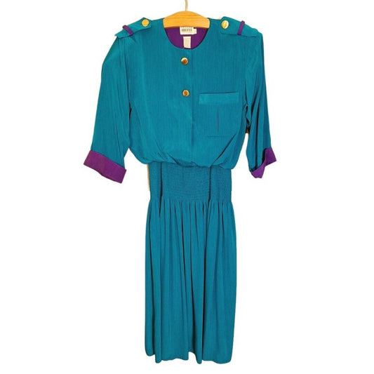 Vintage 80s Teal Military Style Shirt Dress Women Size 8 Medium - themallvintage The Mall Vintage