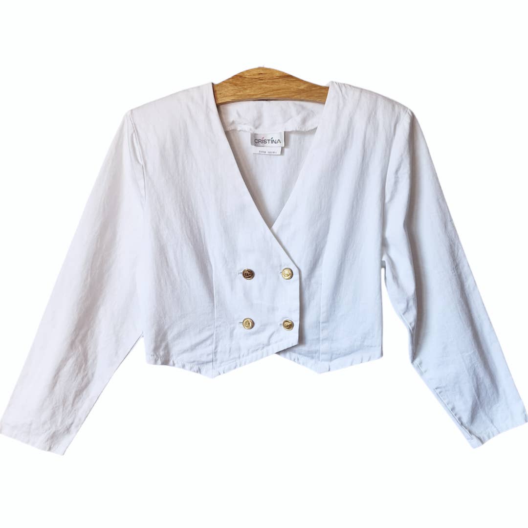 Vintage 80s White Cropped Padded Shoulder Cotton Jacket Siz Medium - themallvintage The Mall Vintage