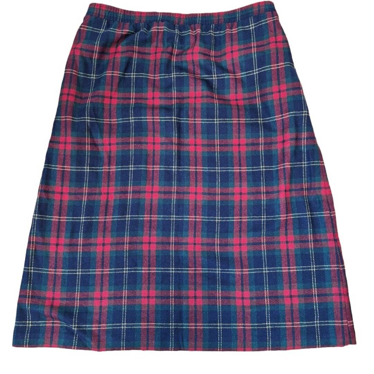 Vintage 80s Wool Blend Tartan Plaid Knee Length Skirt Size 12 Waist 34" - themallvintage The Mall Vintage