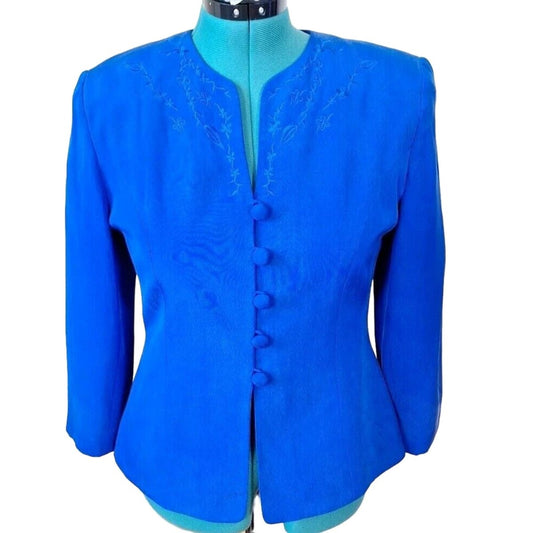 Vintage 80s/90s Blue 100% Silk Embroidered Jacket Women Size Medium 6/8 Chest 36" to 39" - themallvintage The Mall Vintage 1980s 1990s Blazers