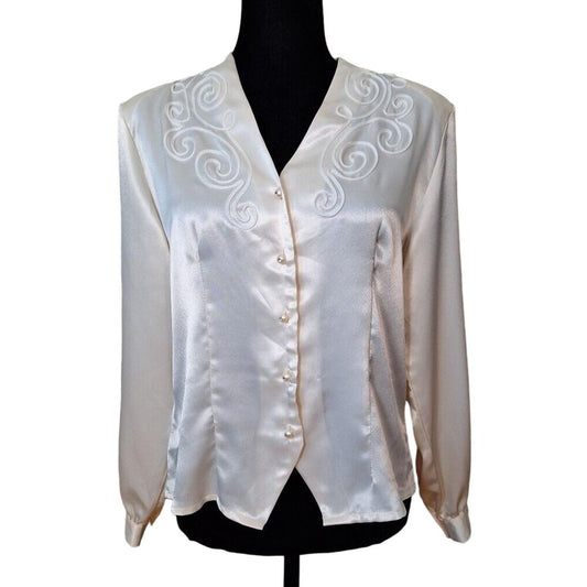 Vintage 80s/90s Cream Satin Rhinestone Pearl Button Tuxedo Blouse Women Size Medium - themallvintage The Mall Vintage