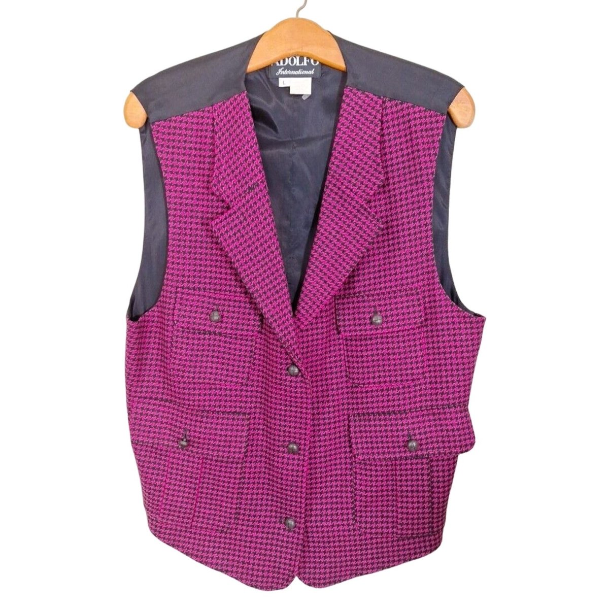 Vintage 80s/90s Hot Pink Houndstooth Check Wool Vest Women Size Large - themallvintage The Mall Vintage