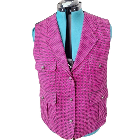 Vintage 80s/90s Hot Pink Houndstooth Check Wool Vest Women Size Large - themallvintage The Mall Vintage 1980s 1990s Capsule
