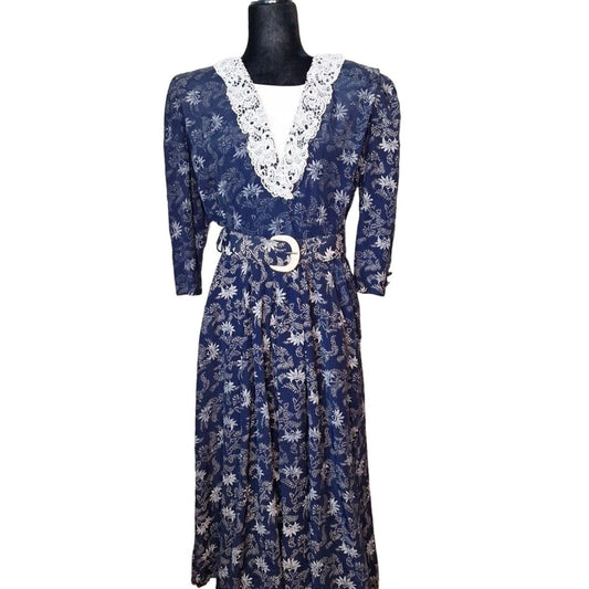 Vintage 80s/90s Navy Blue Lace Collar Midi Dress w/Belt Women Size 8 Medium AS IS - themallvintage The Mall Vintage