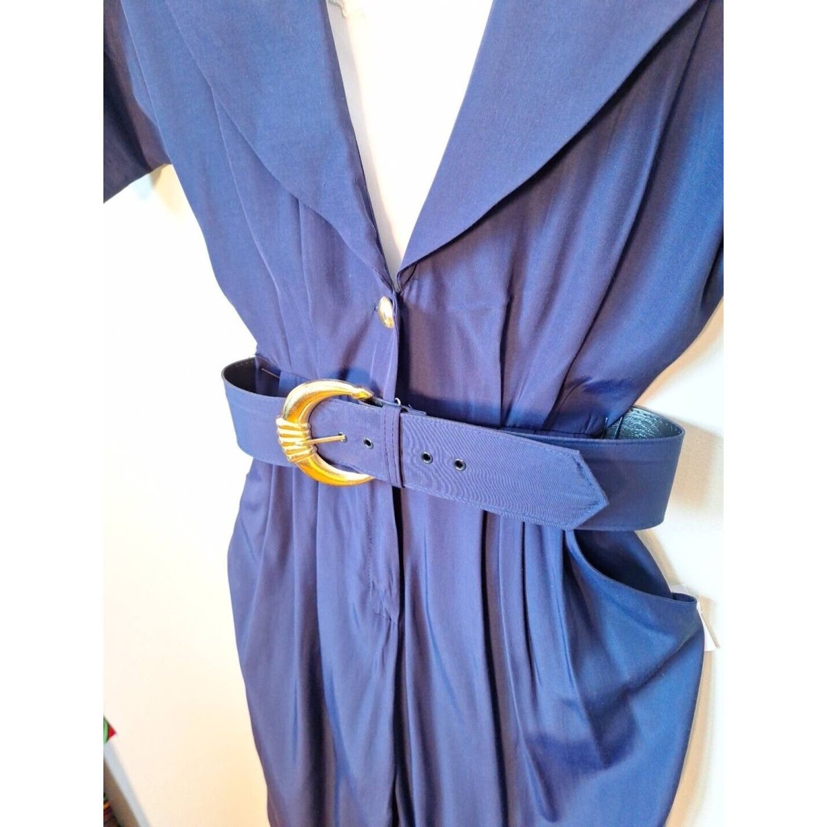 Vintage 80s/90s Navy Blue Nautical Gold Button Jumpsuit Women Small AS IS - themallvintage The Mall Vintage